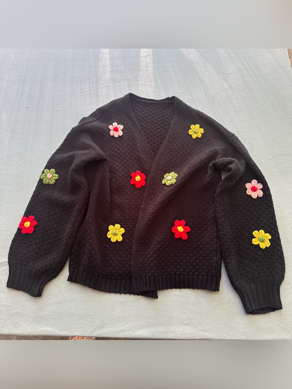 Chunky Knit Open Front Cardigan Women’s Plus Size XXL Crocheted Flowers Black